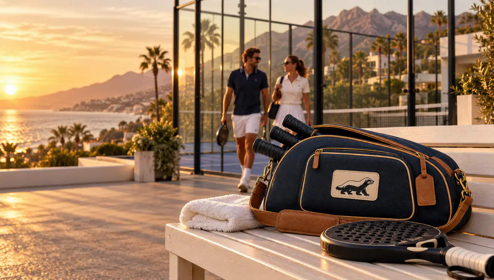 A STOFFEL padel bag on a white bench at sunset in Marbella, a couple walking in from the padel court.